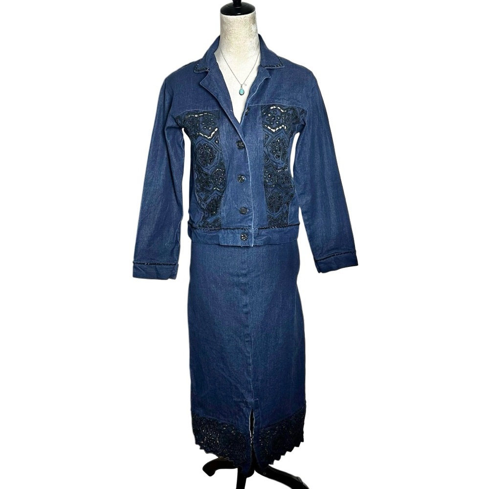 Surya Embroidered Beaded Cutout Denim Skirt Set XS | Country Western Boho Rodeo